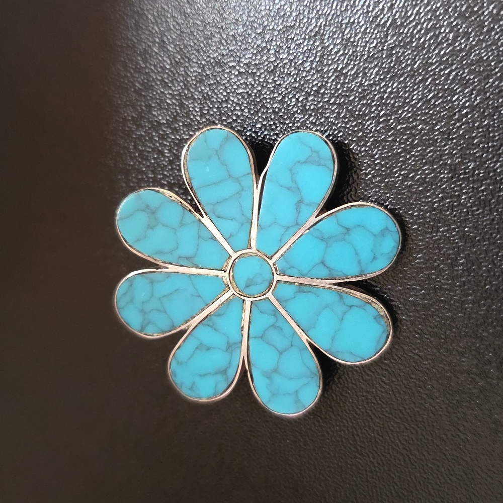 Turquoise Sterling Vintage Flower Silver Pendant and Brooch - Picture 6 of 7